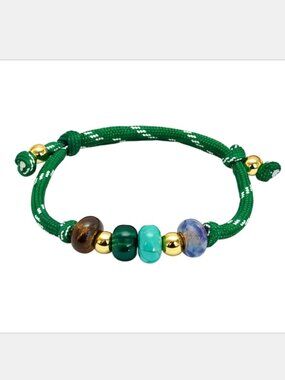 Free People Gold Tone Green Cord Multicolored Beaded Resin Stone Charm Bracelet